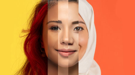 Collage made of female faces of different ethnicities and cultural expressions.の写真素材
