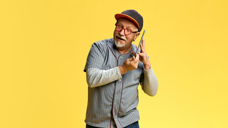 Stylish elderly bearded man in glasses interacting with tablet, using gadget for communication and...