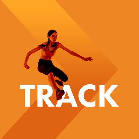 Competitive and concentrated young woman, athlete in motion, running, jumping over obstacles against orange background. Creative colorful collage.の写真素材