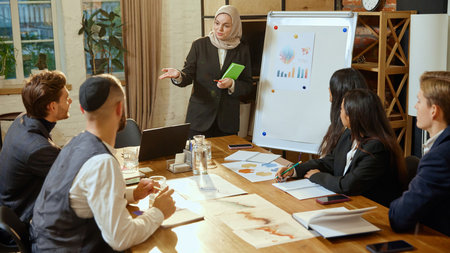 Corporate brainstorming session led by woman in hijab. Diverse team collaborating on business ideas