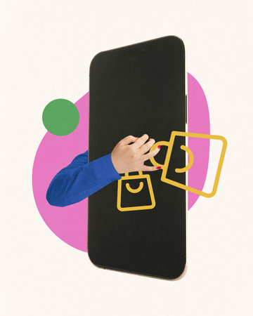 Large smartphone with hand reaching out to grasp colorful shopping bag icons. Ecommerce and online customer interaction. Contemporary art collage.の写真素材