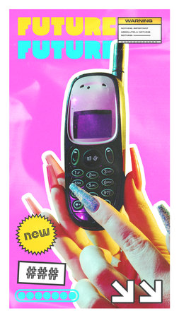Creative design. Playful, retro-inspired poster with classic 90s cellphone against pink background. Bright and bold colors, pop culture.の写真素材