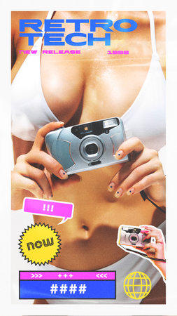 Creative design. Bold poster with woman in swimsuit holding disposable camera. Neon elements and...