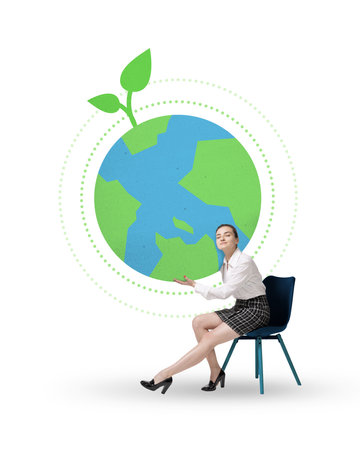 Young woman sitting next to Earth graphic with growing plants, representing environmental responsibility. Conceptual art collage.の写真素材