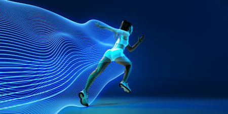 Back view of athletic young woman in white sportswear in motion, running against blue background with abstract futuristic neon wave elementsの写真素材