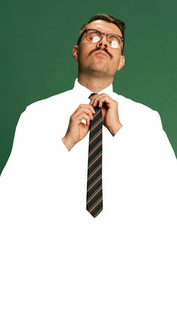 Portrait of man in glasses, adjusting his tie, set against green background with blank white space.の写真素材