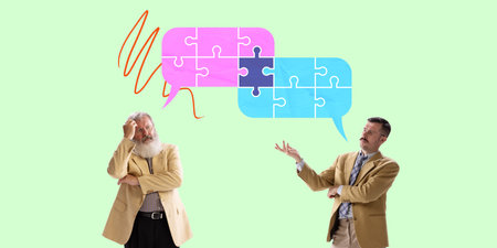Elderly and younger man standing in conversation with speech bubbles shaped like puzzle pieces....