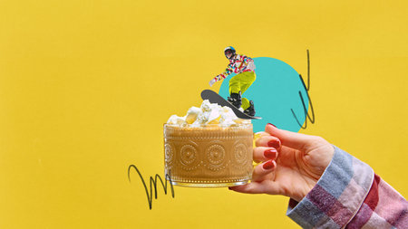 Mug of hot chocolate topped with whipped cream with tiny snowboarder rides the cream. Winter sports extreme. Contemporary art collage.の写真素材