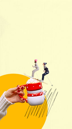 Young man and woman on skis, in winter sweaters skiing on mug with whipped cream. Playful winter scene. Contemporary art collage.の写真素材