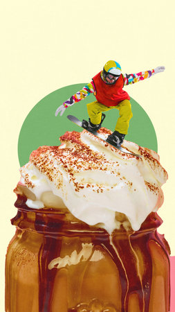 Snowboarder in vibrant attire riding down whipped cream topping of caramel winter drink. Winter...