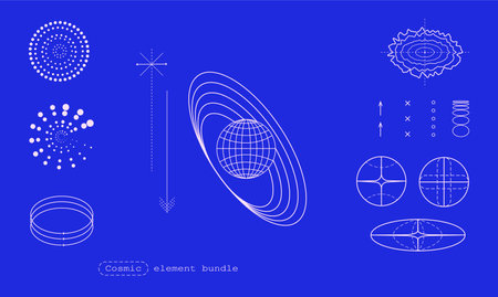 Set of vector elements in cosmic science and atomic structures. Planetary orbits, atomic particles,...