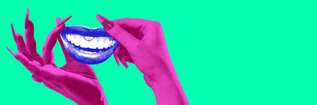 Purple hands holding bright blue mouth with toothy smile, set against turquoise background. Contemporary art collage.の写真素材