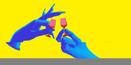 Blue hands holding tiny wine glasses for toast against yellow background. Contemporary art collage.の写真素材