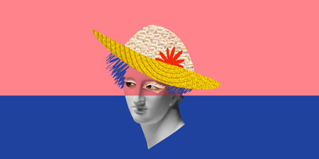 Antique statue bust in large straw hat adorned with red flower, set against pink and blue background. Retro vibes. Contemporary art collage.の写真素材