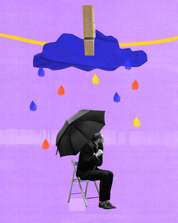 Man sitting on chair under black umbrella with colorful raindrops falling from cloud. Contemporary art collage.の写真素材