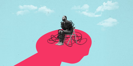 Seated man wrapped in chaotic lines, placed inside red silhouette of head, symbolizing mental and...