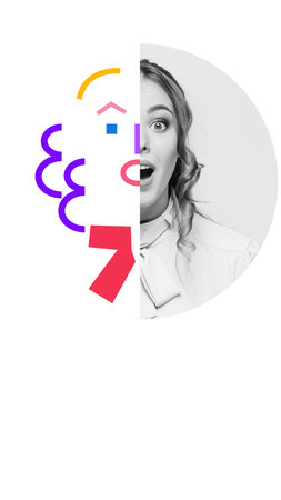 Surprised woman with half her face in black and white and other with colorful geometric elements....