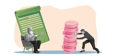 Elderly man consulting with younger person with coins and documents, representing financial guidance and retirement investments. Contemporary art collage.の写真素材