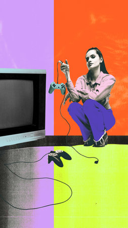 Young woman holding classic game controller, sitting beside old-school television. Contemporary art...