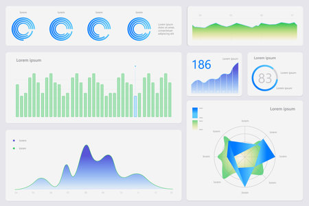 Modern set of charts, including radial diagrams, line graphs, and bar charts, showcasing financial and statistical trends. Professional reports.のイラスト素材