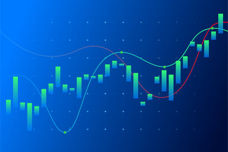 Professional blue-themed design featuring candlestick charts and trend lines, illustrating stock market data and financial analytics.のイラスト素材