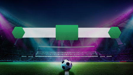 3D render of soccer stadium at night, soccer ball lying on field, with scoreboard image in the centerの写真素材