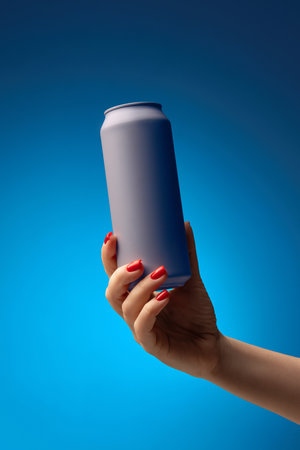 Woman hand holding gray aluminum beverage can for soda, beer, energy drinks, against vibrant gradient blue background. Mockup.の写真素材