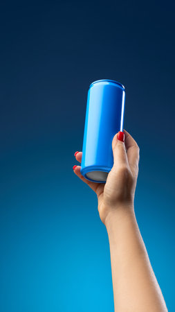 Minimalistic blue can on hand against blue background. Mockup design. Beer, lemonade, energy drinks, cocktails, soda water.の写真素材