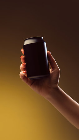 Person holding black aluminum beverage can, likely for premium beer or energy drink, against gradient yellow background. Mockupの写真素材