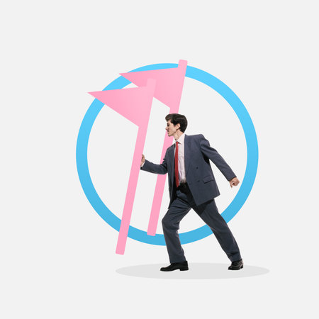Objective. Businessman in suit striving towards pink flag targets, symbolizing goal setting and...