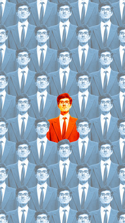 Businessman in orange standing out among crowd of blue-suited professionals, symbolizing uniqueness. Contemporary artの写真素材