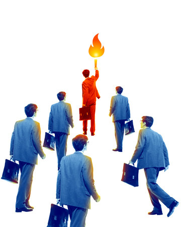 Businessman carrying torch, followed by team of professionals, symbolizing guiding the way towards success. Contemporary art collage.の写真素材