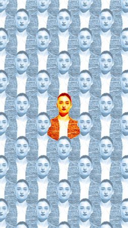 Businesswoman highlighted among group of identical figures, symbolizing individuality and uniqueness in corporate setting. Contemporary artの写真素材