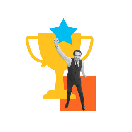 Win win. Businessman celebrates win with trophy and star, symbolizing achievement and recognition in business. Conceptual design.の写真素材