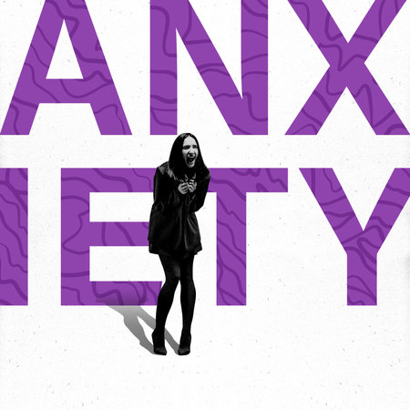 Depiction of anxiety, distressed woman screaming in front of bold purple typography with abstract patterns symbolizing inner chaos. Conceptual design.の写真素材