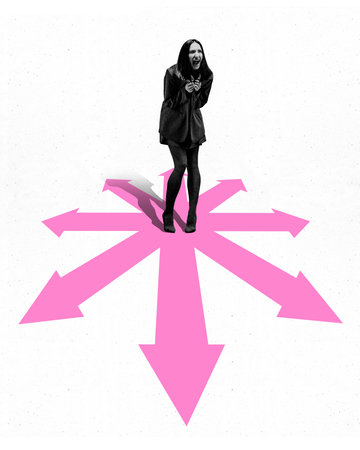 Conceptual design illustrating feeling overwhelmed, woman surrounded by pink arrows pointing in all...