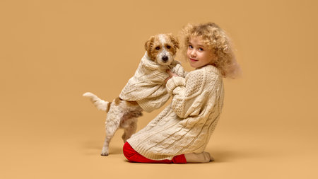 Beautiful little girl, curly child wearing light knitwear and holding her pet, dog wearing matching...