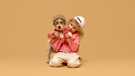 Little girl child in pink jacket, white pants and cap, sitting with adorable dog in matching clothes against studio backgroundの写真素材