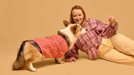 Happy young woman in checkered shirt cheerfully playing with Corgi dog wearing pink cozy sweater, against beige studio backgroundの写真素材