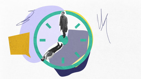 Two men within clock structure, symbolizing time, decision-making, and life cyclical nature....