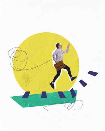 Man with briefcase running toward abstract shapes and bright background, symbolizing ambition and progress. Contemporary art collage.の写真素材