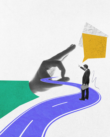 Businessman standing on road and gesturing towards giant hand, representing guidance and achieving goals. Contemporary art collage.の写真素材