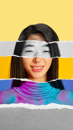 Colorful torn paper collage made of different people face parts, creating portrait of smiling woman...
