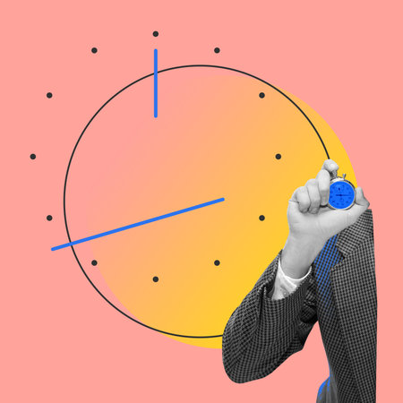 Hand holding stopwatch in front of distorted clock face, representing time control and precision....