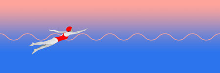 Young woman in bright red suit moving through stylized waves on gradient background, symbolizing...