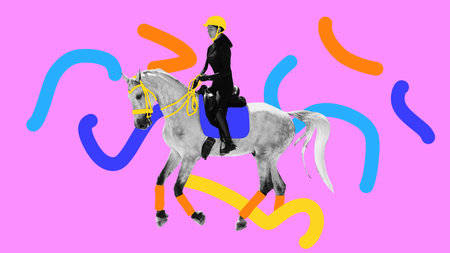 Beautiful white horse with female rider, surrounded by vibrant abstract lines on a bright pink background. Contemporary art collage.の写真素材