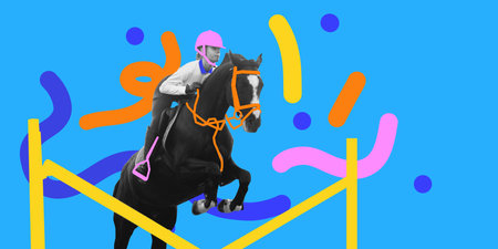 Female rider on black horse jumping over yellow bars, framed by bright abstract accents on blue...