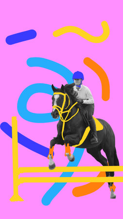 Black horse and female rider jumping over yellow and orange obstacle, framed by colorful swirls on bright pink background. Contemporary art collage.の写真素材
