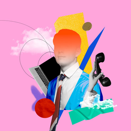 Conceptual illustration of businessman with telephone and laptop, representing communication and technology in modern business. Contemporary art collage.の写真素材