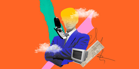 Businessman with retro technology elements like keyboard and mobile phone, symbolizing communication...